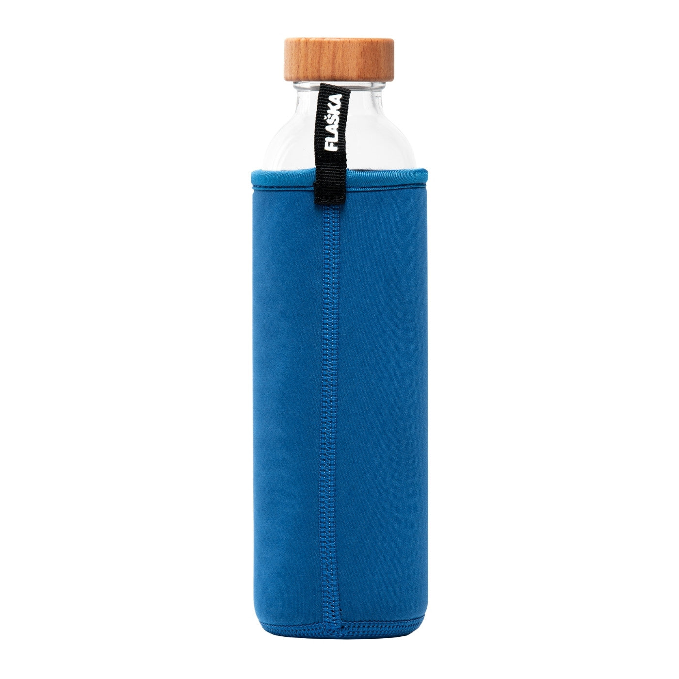 vista posterior botella de agua de cristal flaska con funda de neopreno azul