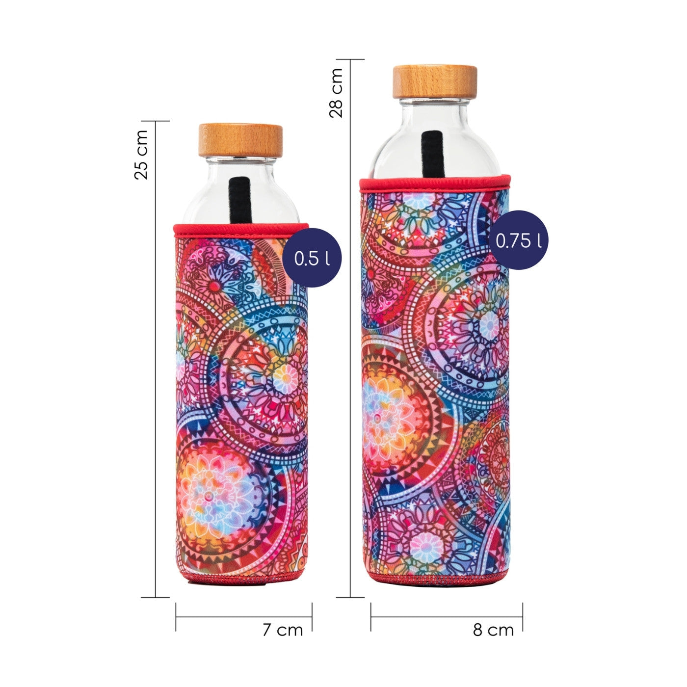 tamaños de botella de agua de cristal flaska con funda de neopreno diseño mandalas